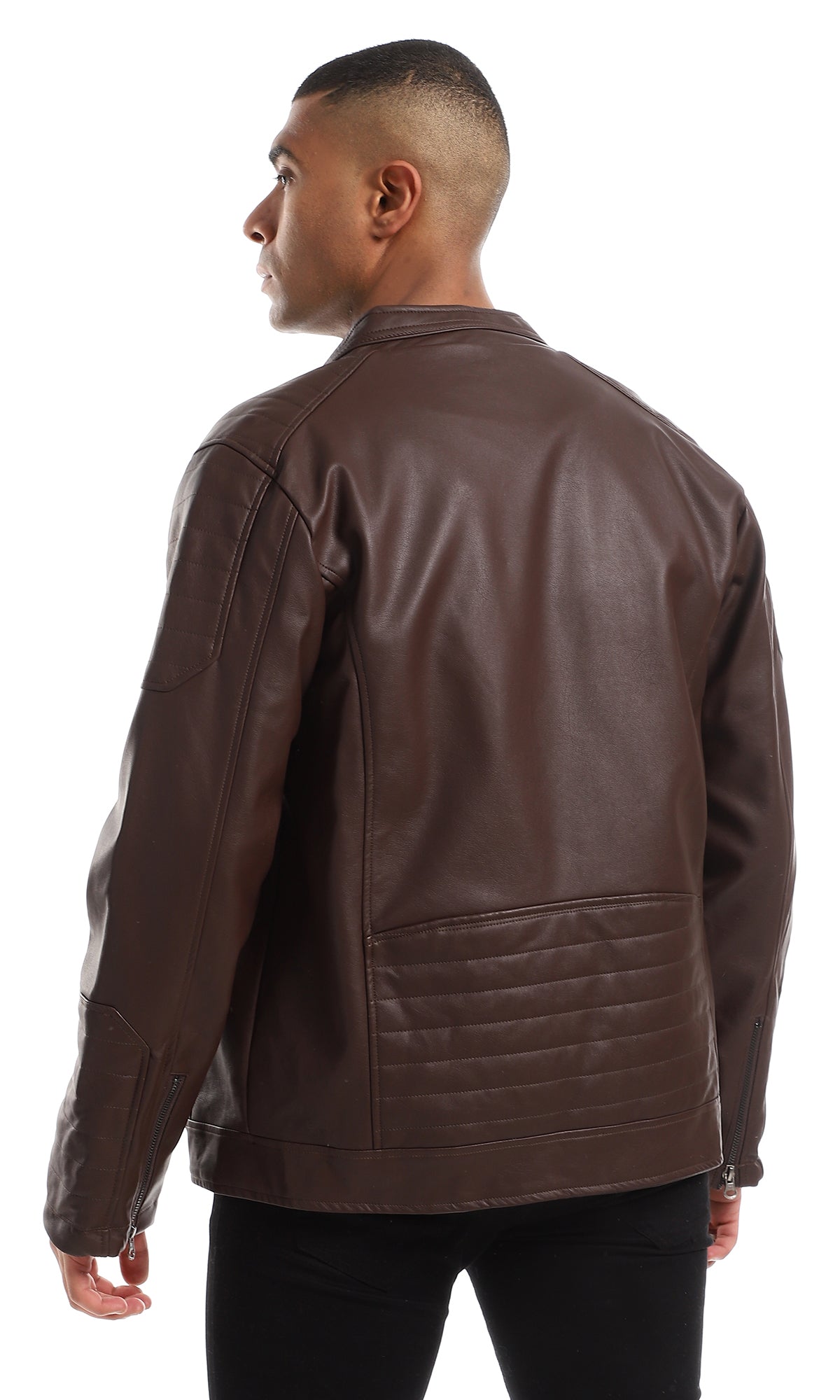 O156197 Inner Fur Full Brown Zipper Cuffs Leather Jacket