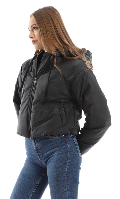 O156250 Solid Black Bomber Jacket With Fixed Hood