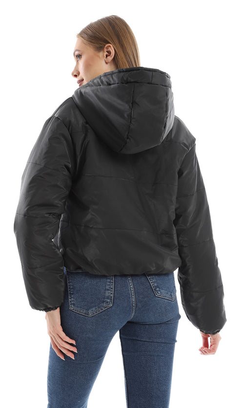 O156250 Solid Black Bomber Jacket With Fixed Hood