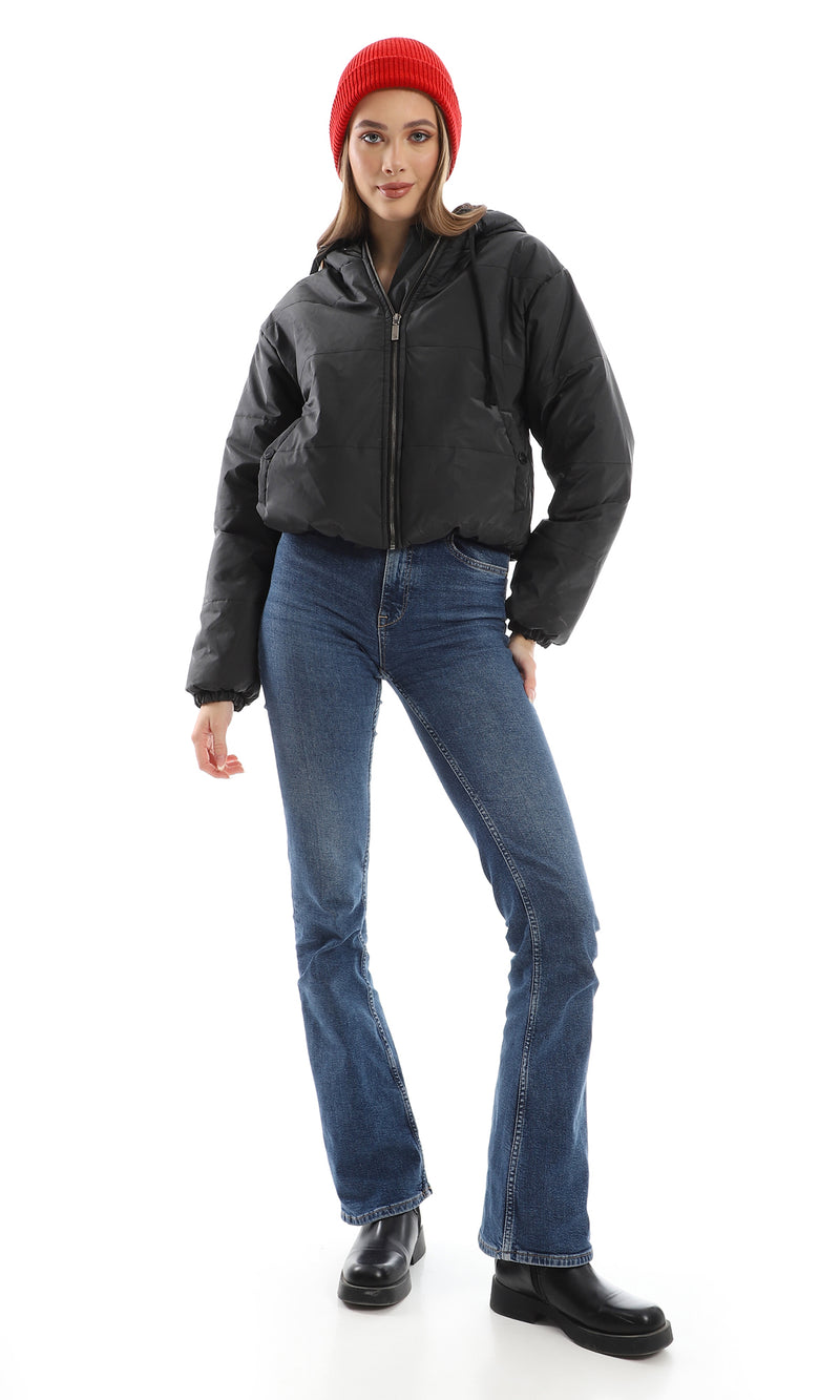 جاكيت منفوخ سادة بغطاء رأس ثابت لون أسود