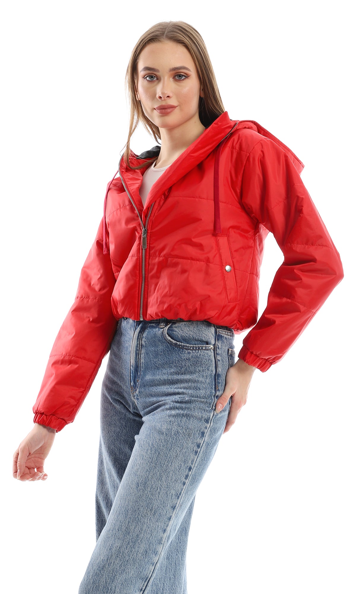 O156252 Hooded Bomber Jacket With Front Zipper - Red