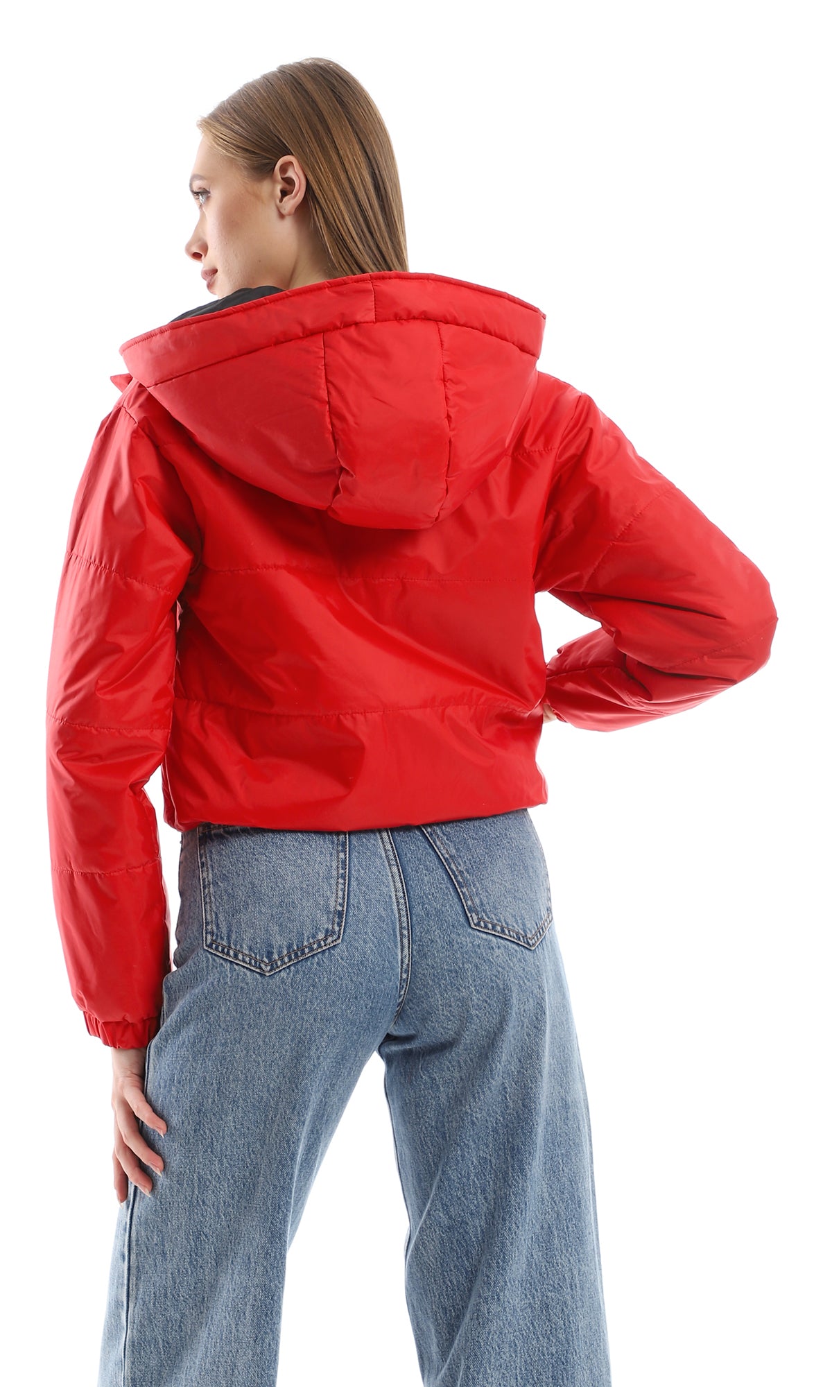 O156252 Hooded Bomber Jacket With Front Zipper - Red