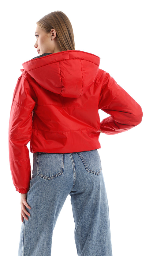 O156252 Hooded Bomber Jacket With Front Zipper - Red