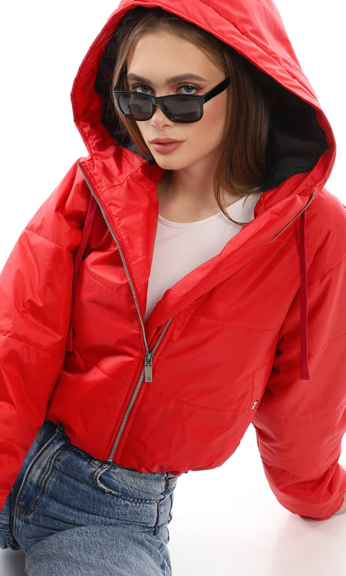 O156252 Hooded Bomber Jacket With Front Zipper - Red
