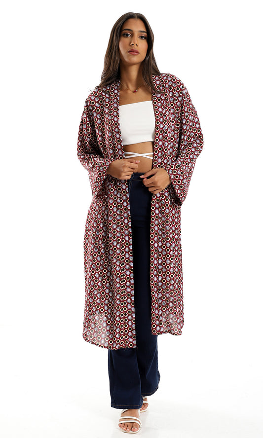 O156327 Pattern Slip On Polyester Cardigan - Burgundy & Black