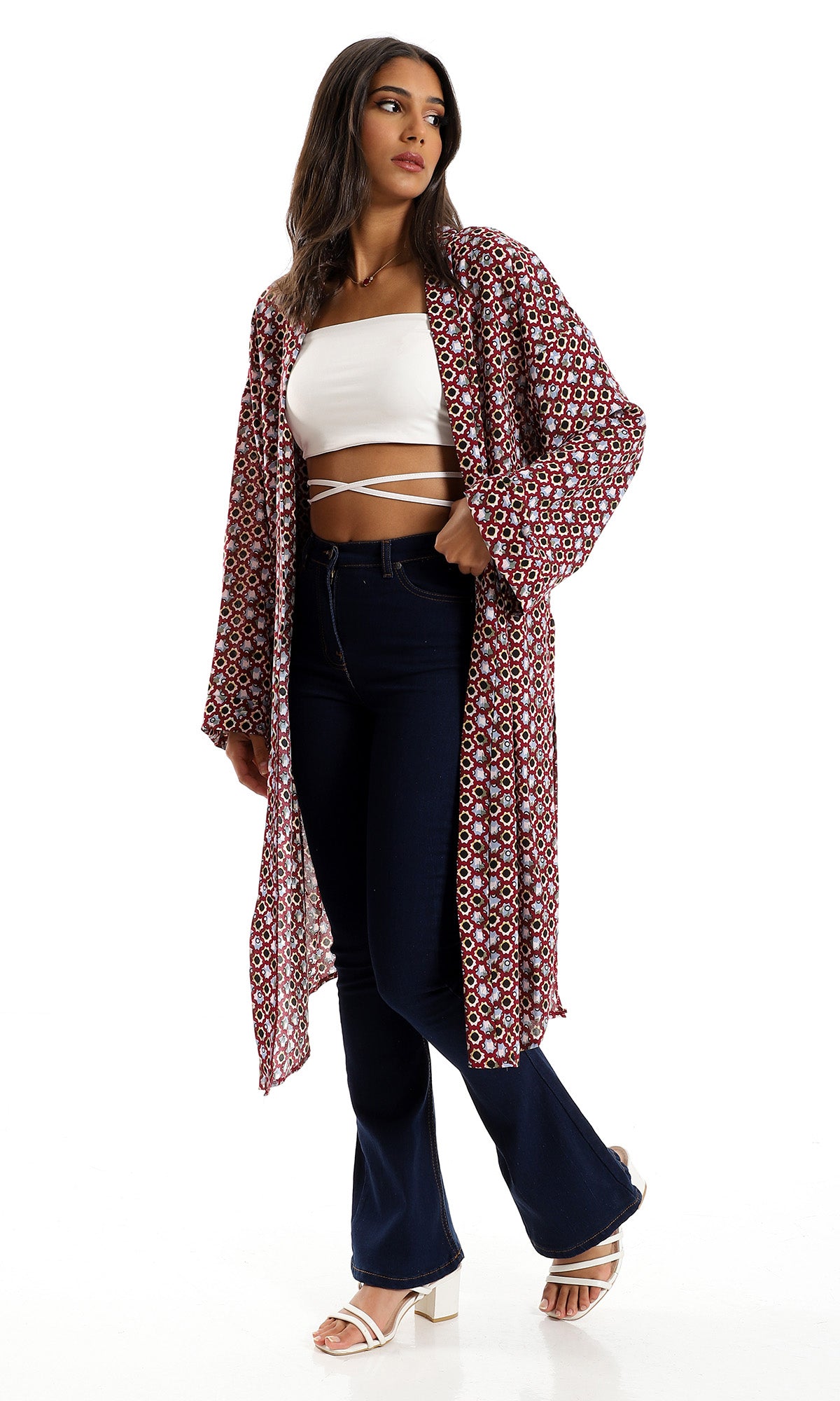 O156327 Pattern Slip On Polyester Cardigan - Burgundy & Black