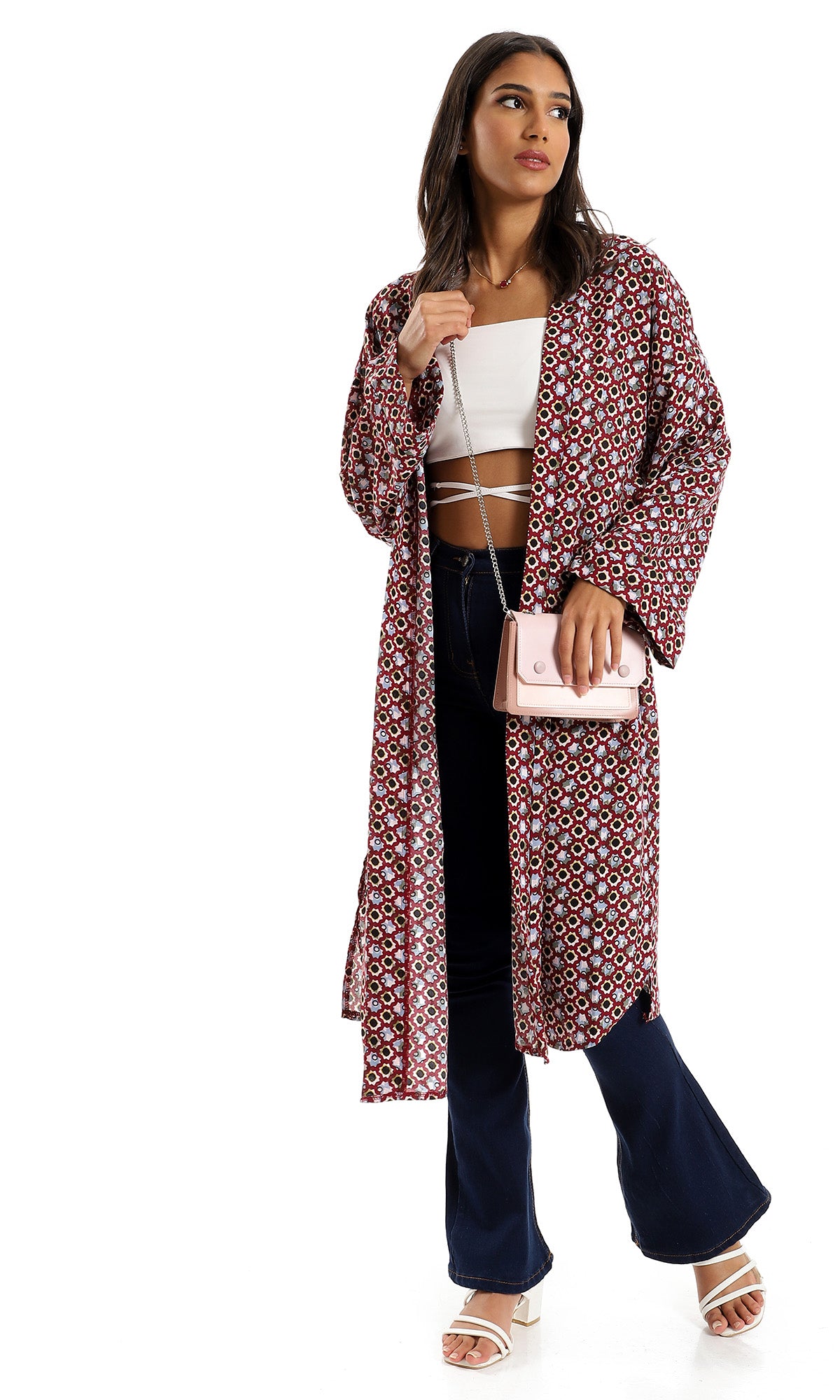 O156327 Pattern Slip On Polyester Cardigan - Burgundy & Black