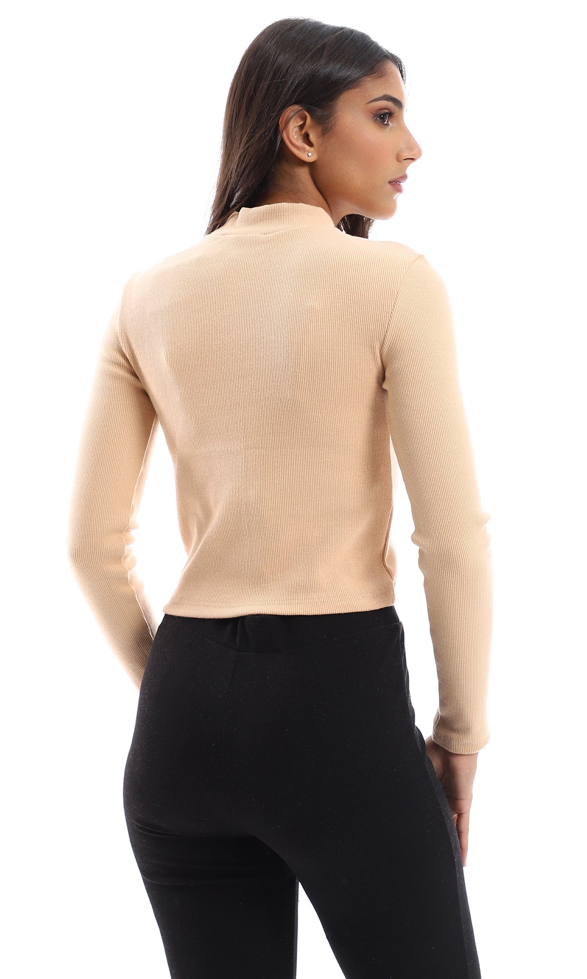 O156530 Full Sleeves Cotton Mock Neck Beige Top