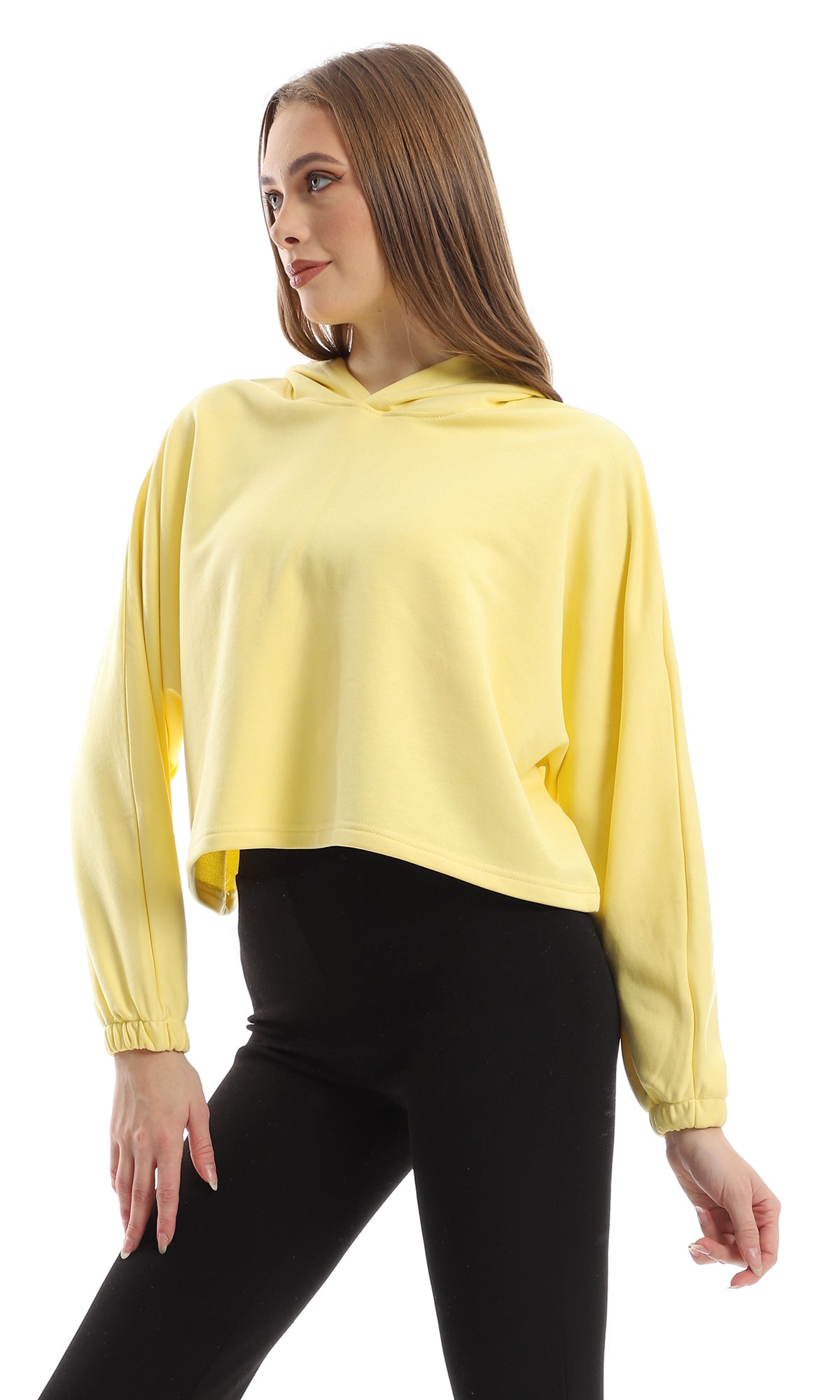 O156537 Oversized Soft Yellow Slip On Cropped Hoodie With Elastic Cuffs