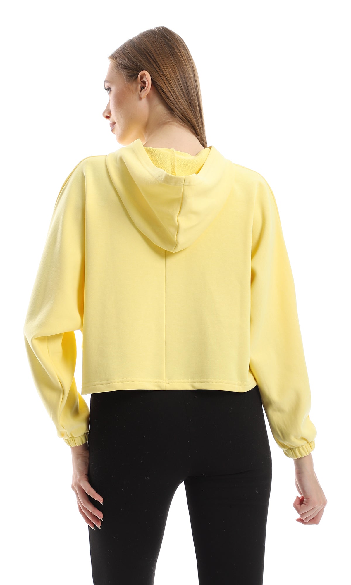 O156537 Oversized Soft Yellow Slip On Cropped Hoodie With Elastic Cuffs