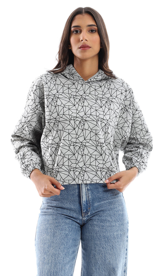 O156540 Heather Grey Cropped Hoodie With Diamond Pattern