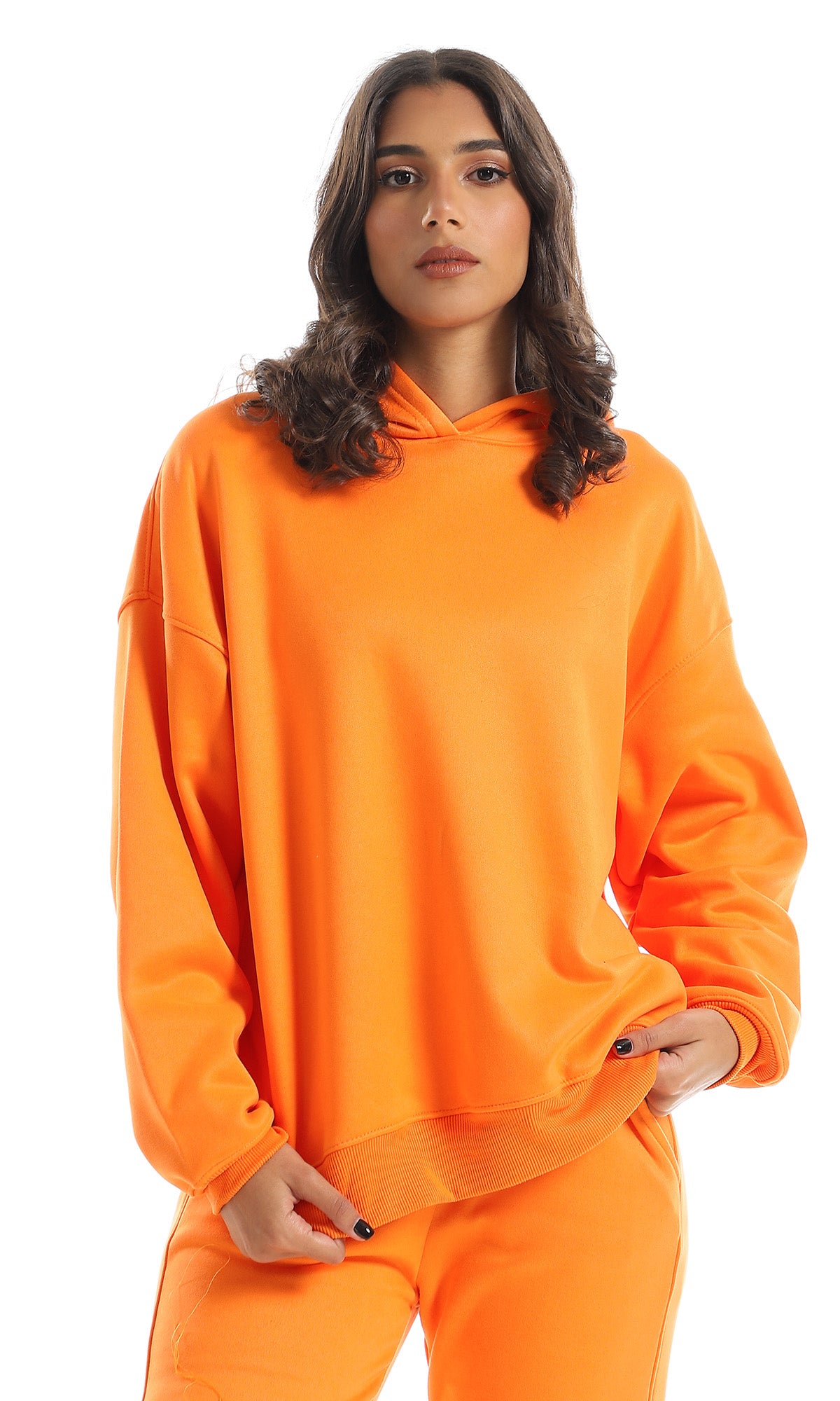 O156657 Basic Plain Orange Internal Fleece Hoodie