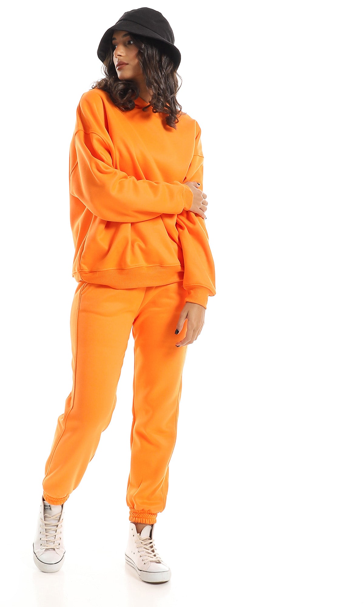 O156657 Basic Plain Orange Internal Fleece Hoodie