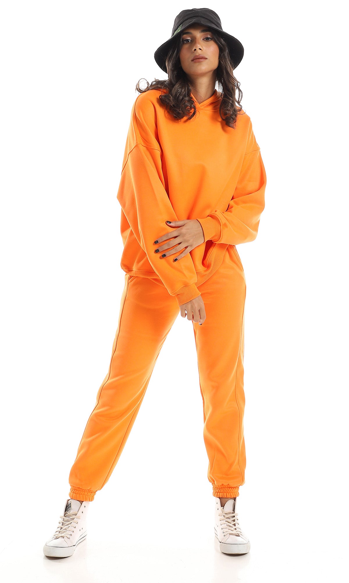 O156657 Basic Plain Orange Internal Fleece Hoodie