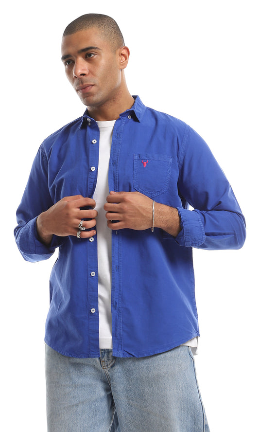 قميص سادة بأزرار كاملة وياقة كلاسيكية - أزرق