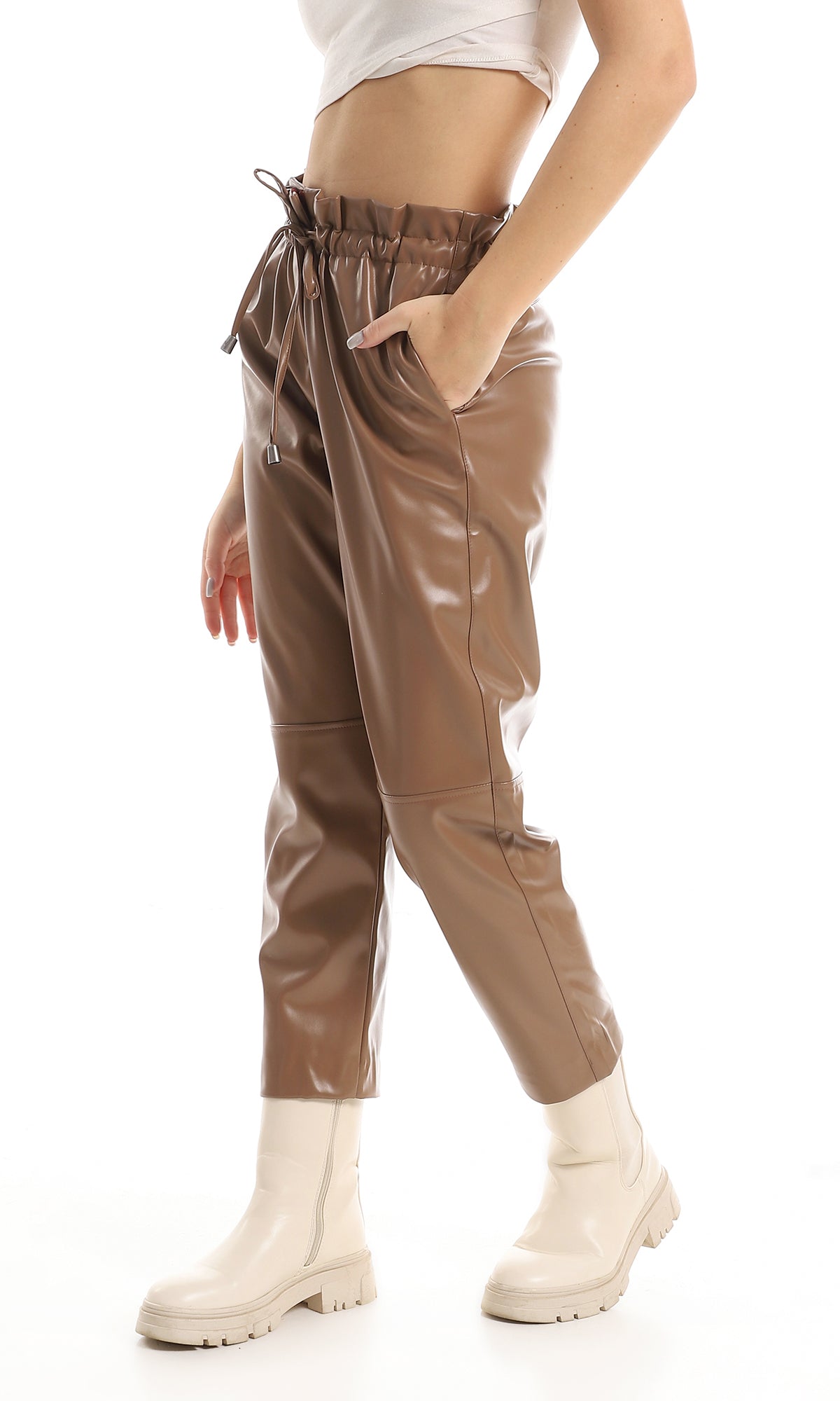 O157156 High Waist Leather Trousers With Adjustable Waist Drawstrings- Coffee
