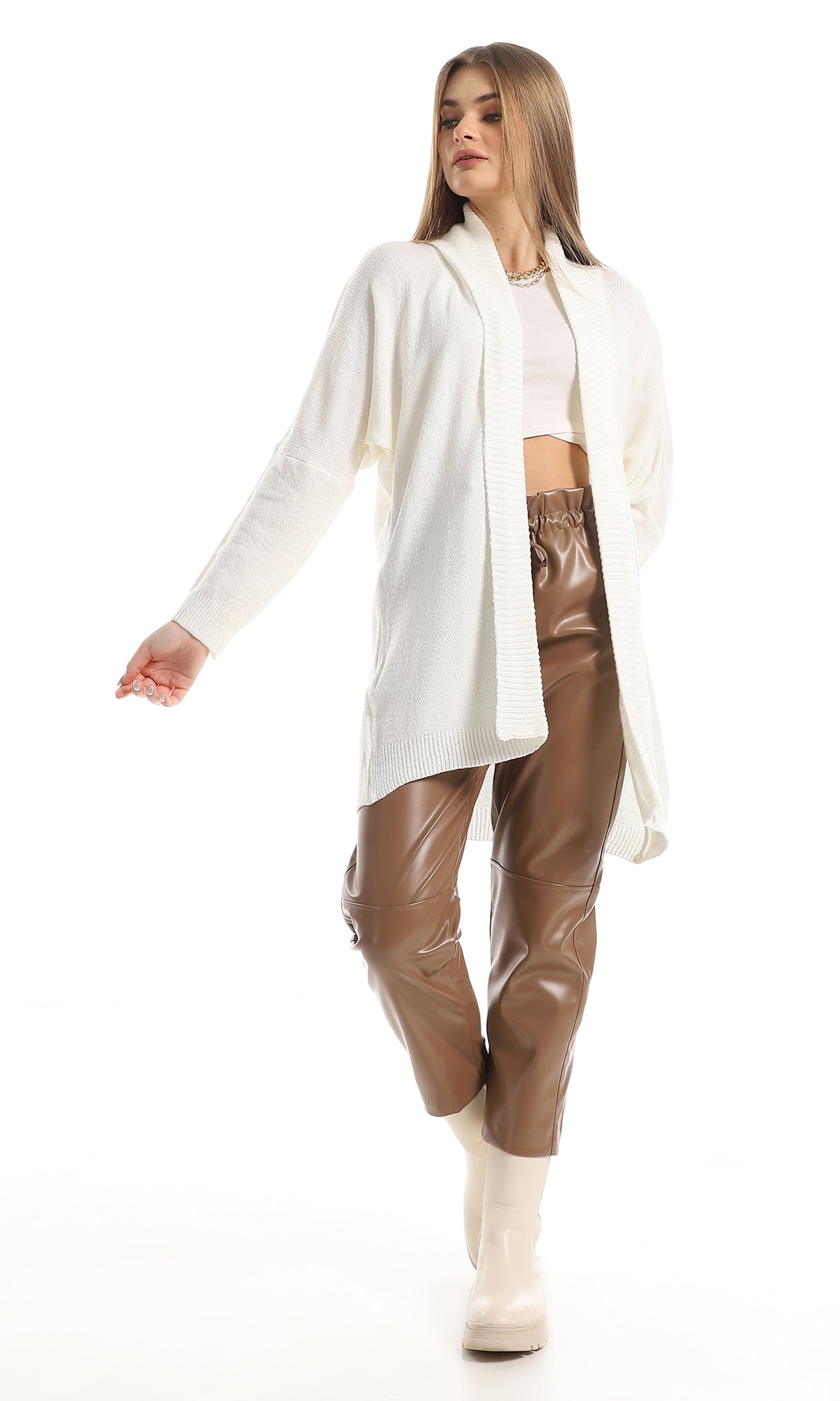 O157156 High Waist Leather Trousers With Adjustable Waist Drawstrings- Coffee
