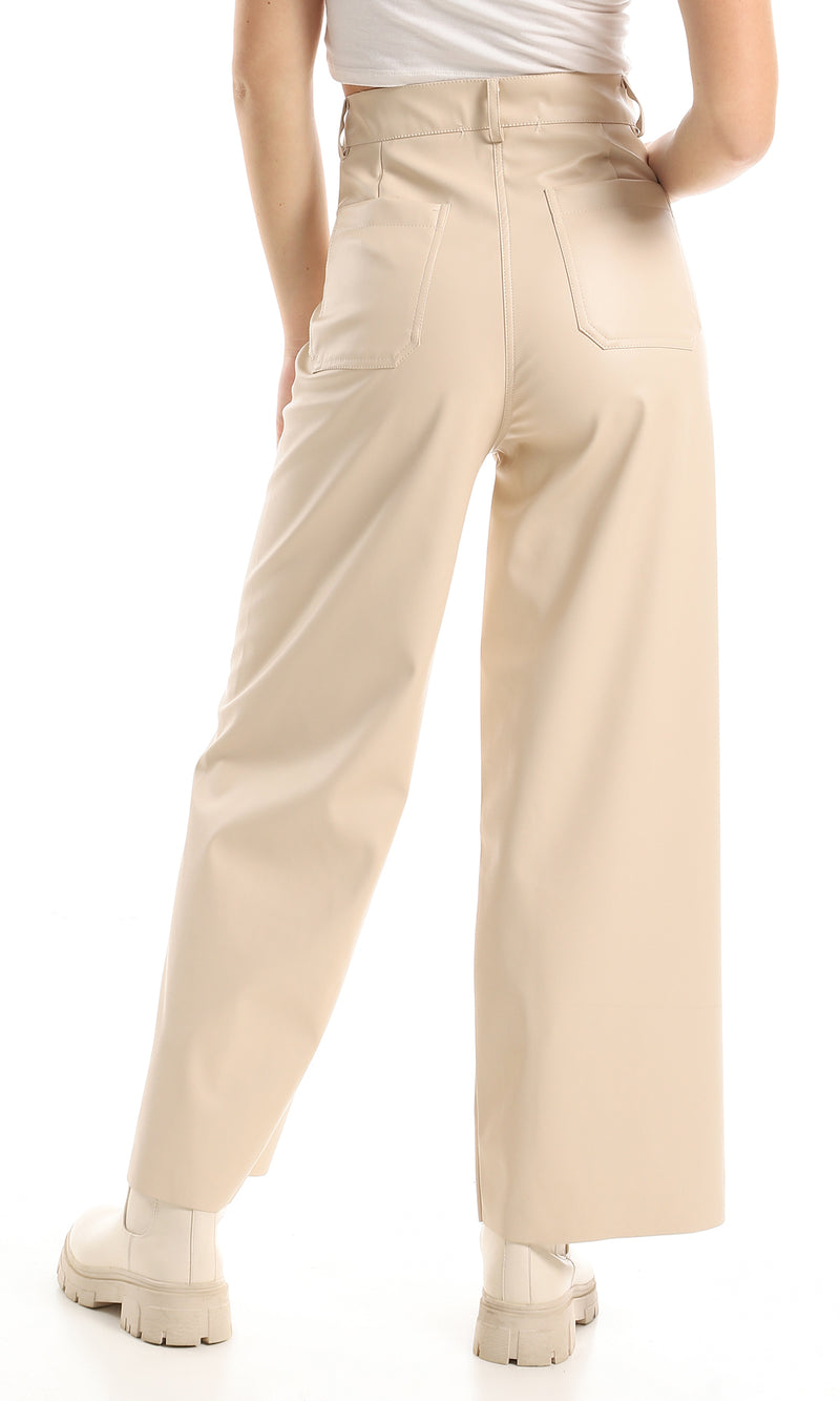 O157158 Trendy Wide Leg Leather Trousers With Square Front Pockets - Cream
