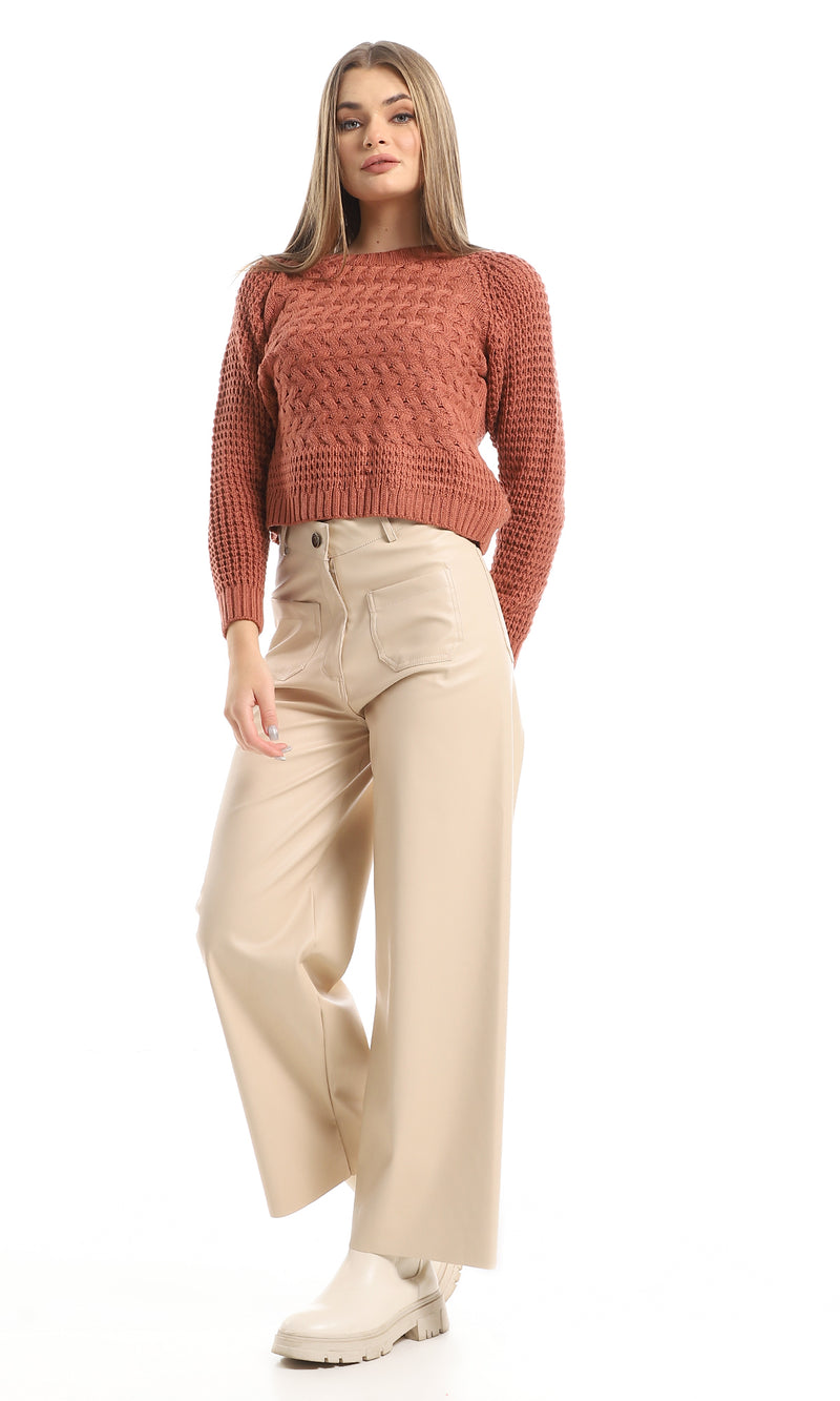 O157158 Trendy Wide Leg Leather Trousers With Square Front Pockets - Cream