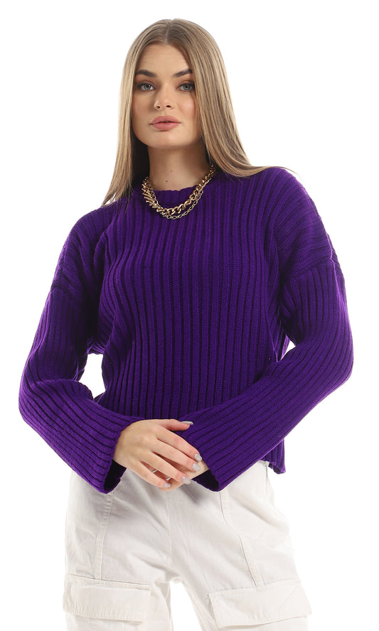 O157208 Chic Knitted Round Neck Long Sleeved Pullover - Dark Purple