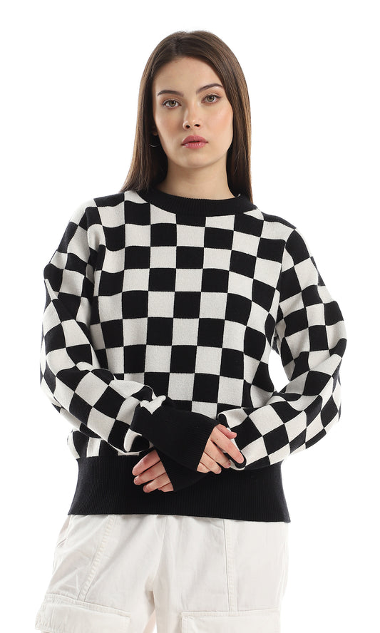 O157209 Checkered Slip On Round Neck Cardigan - Black & White
