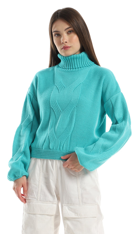 O157211 Ribbed Turtle Neck Knitted Pullover - Aqua