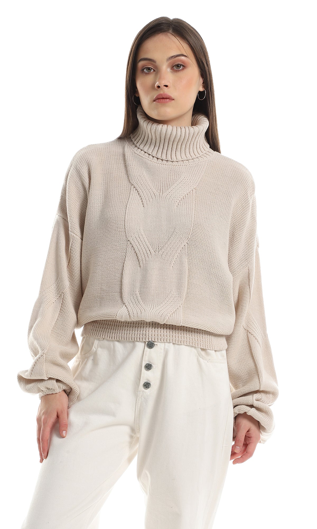 O157212 Turtle Neck Knitted Long Sleeves Pullover - Off White