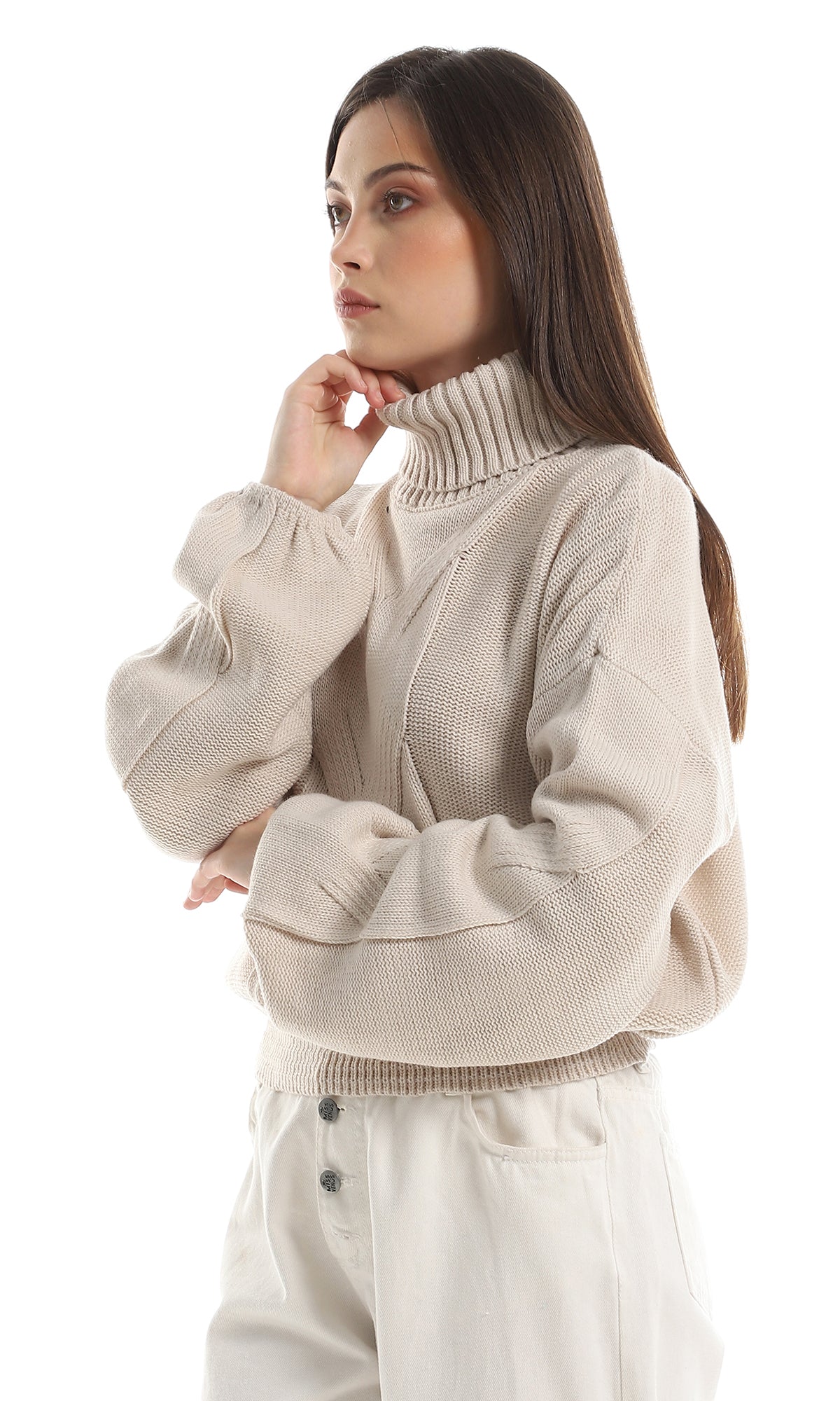 O157212 Turtle Neck Knitted Long Sleeves Pullover - Off White