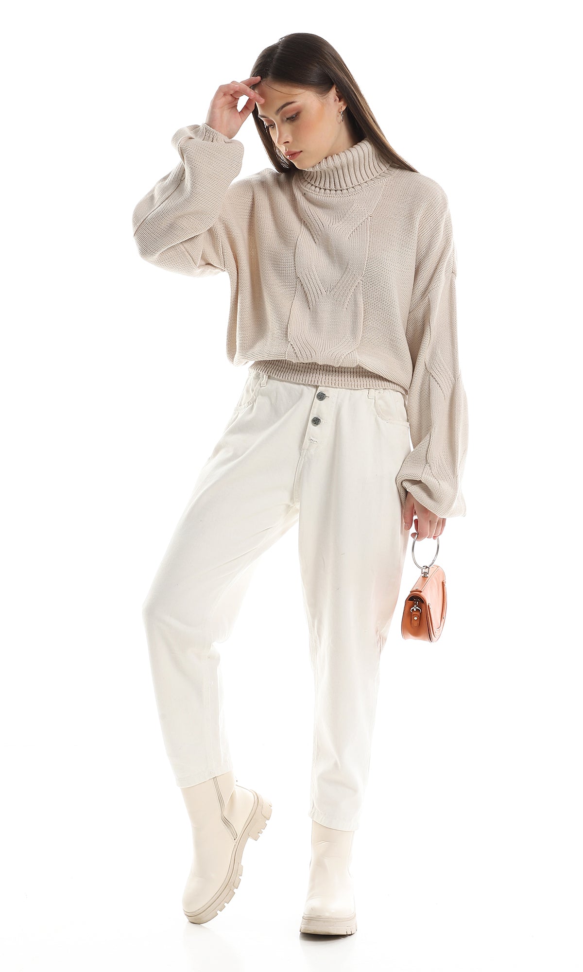 O157212 Turtle Neck Knitted Long Sleeves Pullover - Off White