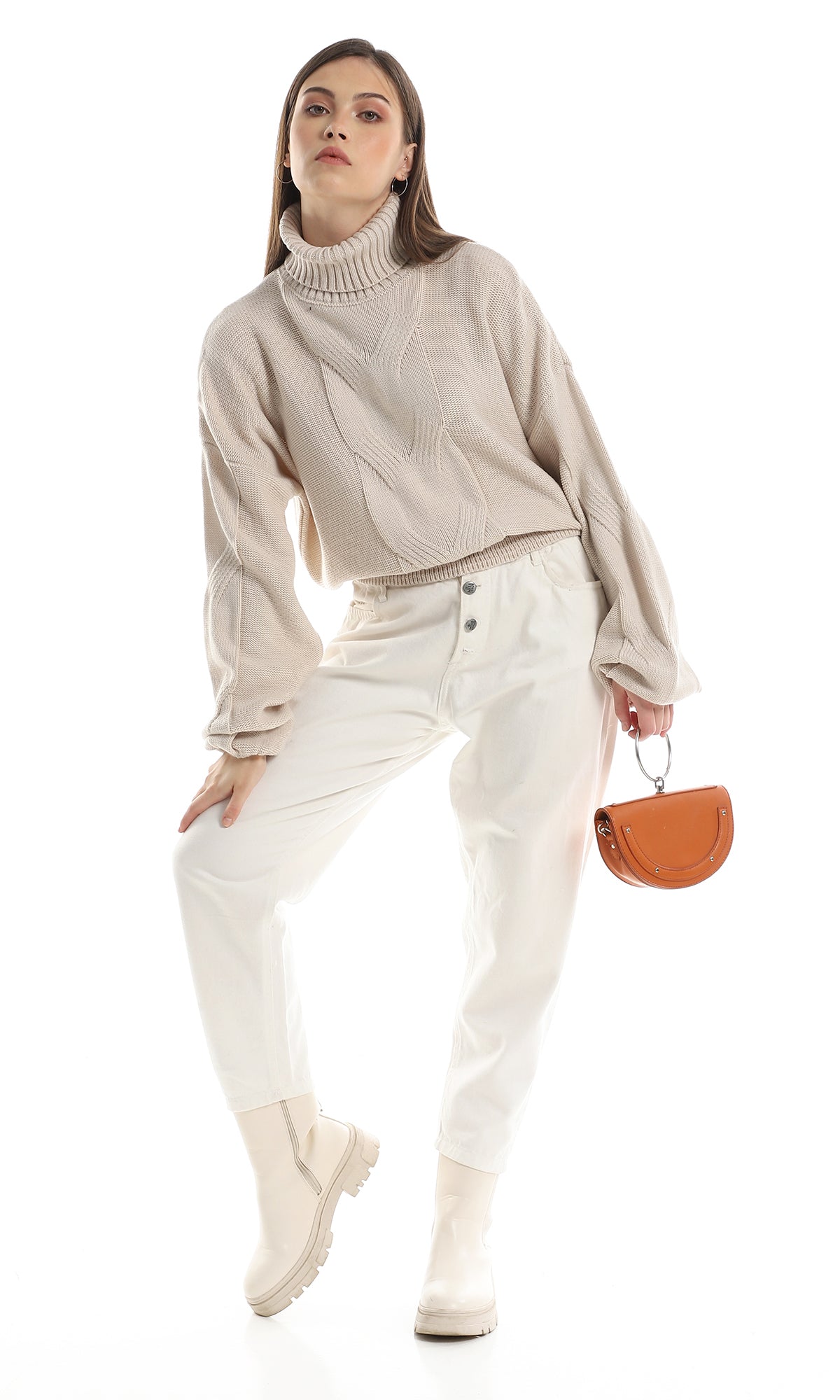 O157212 Turtle Neck Knitted Long Sleeves Pullover - Off White