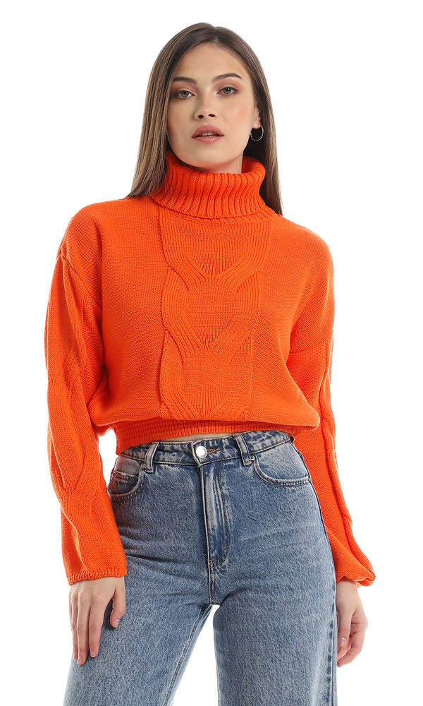 O157213 Turtle Neck Long Sleeves Cropped Pullover - Orange