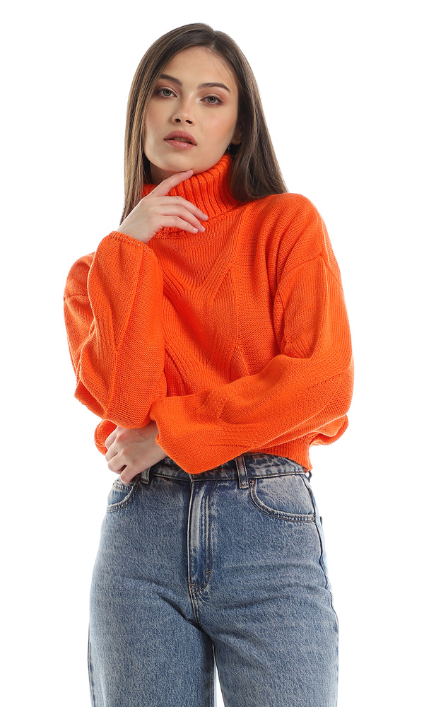 O157213 Turtle Neck Long Sleeves Cropped Pullover - Orange