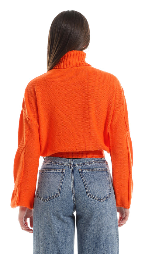 O157213 Turtle Neck Long Sleeves Cropped Pullover - Orange