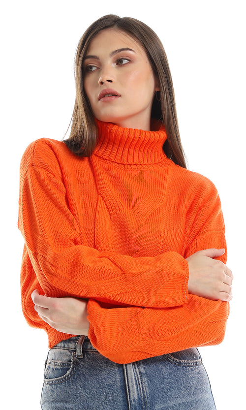 O157213 Turtle Neck Long Sleeves Cropped Pullover - Orange