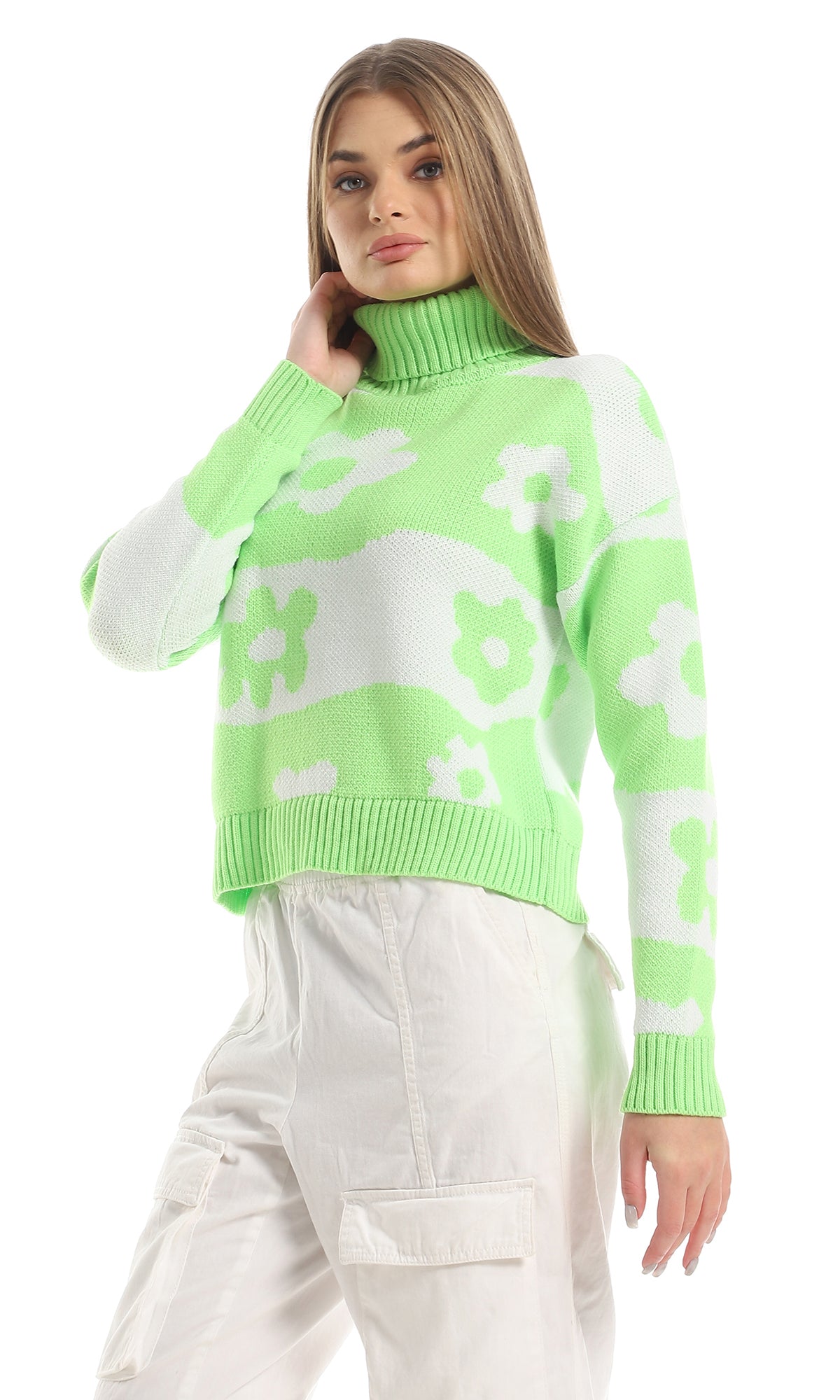 O157221 Floral Patterned High Neck Cropped Pullover - Neon Green & White