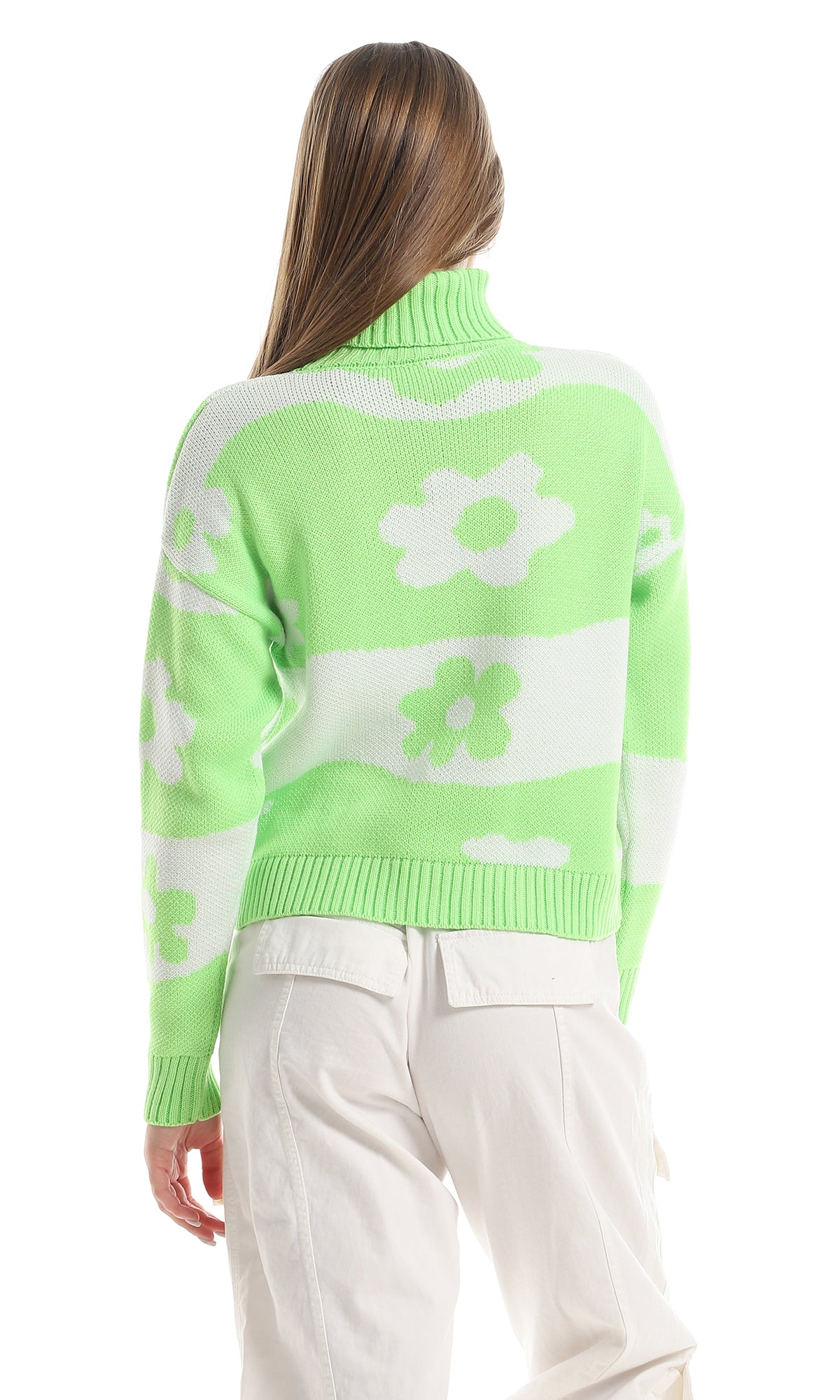 O157221 Floral Patterned High Neck Cropped Pullover - Neon Green & White