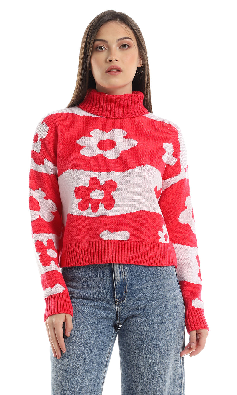 بلوفر محبوك أكمام طويلة بلونين - فوشيا وأوف وايت