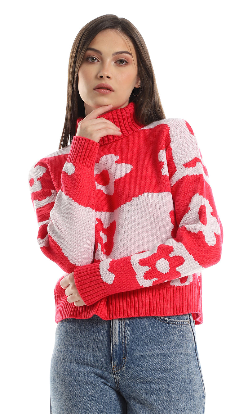 بلوفر محبوك أكمام طويلة بلونين - فوشيا وأوف وايت