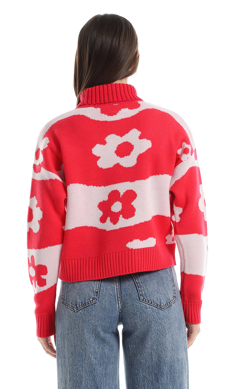 بلوفر محبوك أكمام طويلة بلونين - فوشيا وأوف وايت