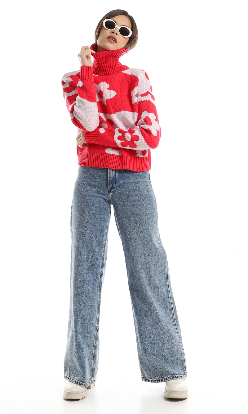 بلوفر محبوك أكمام طويلة بلونين - فوشيا وأوف وايت