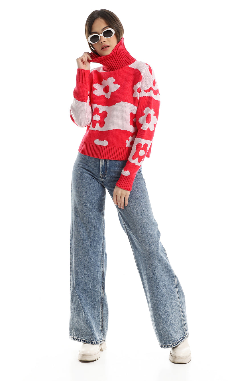 بلوفر محبوك أكمام طويلة بلونين - فوشيا وأوف وايت