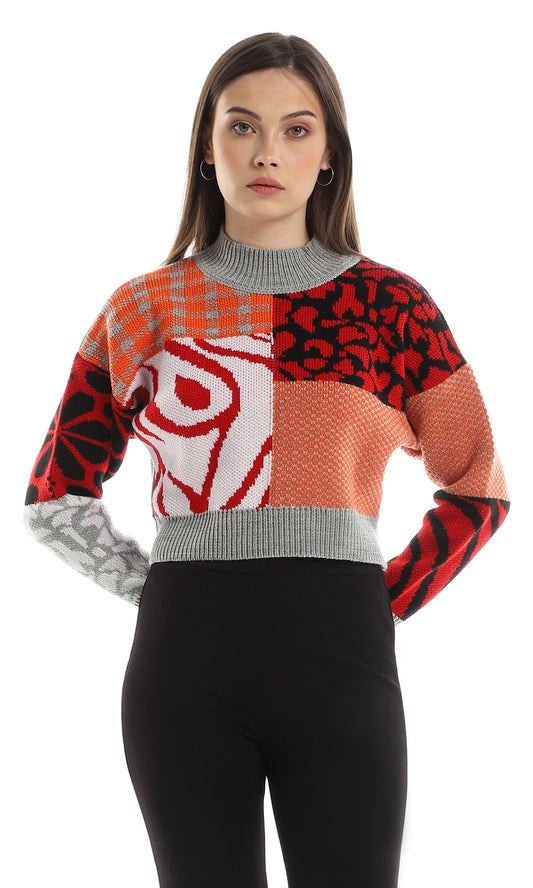 O157227 Slip On Multiple Knitted Pattern Pullover - Grey, Orange & Red