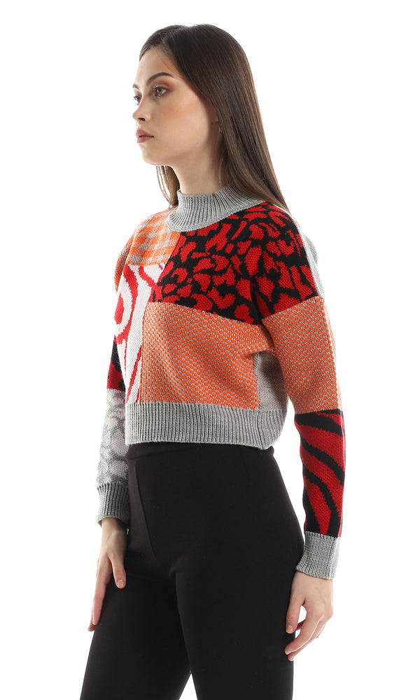 O157227 Slip On Multiple Knitted Pattern Pullover - Grey, Orange & Red