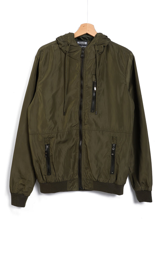 O157786 Solid Zipped Front Pockets Hooded & Zip Through Neck Bomber Jacket - Dark Olive