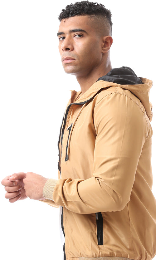 O157787 Elastic Ribbed Cuff Zip Up Dark Beige Bomber Jacket