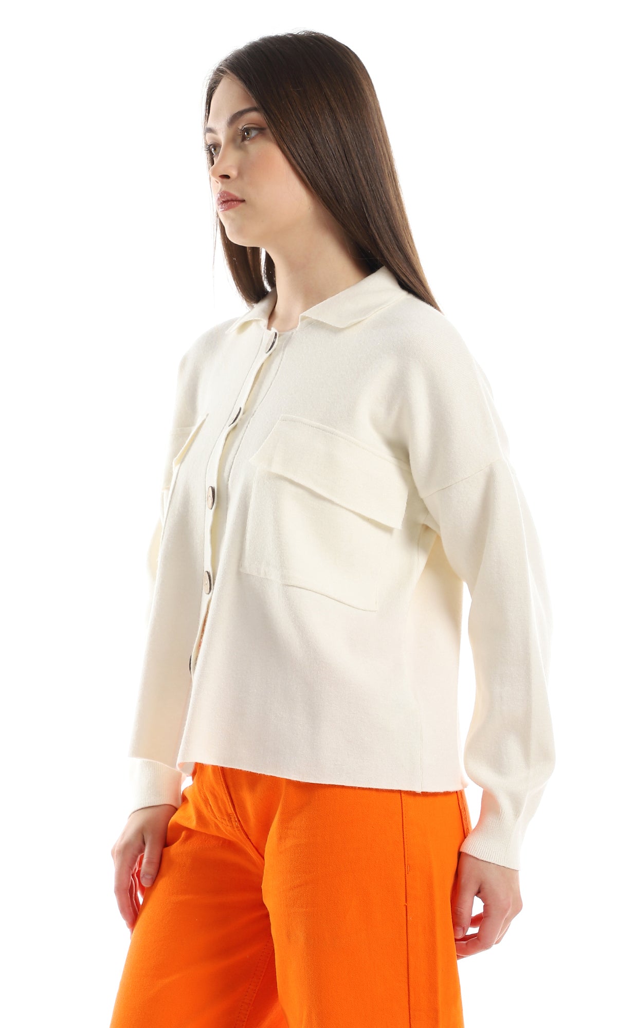 O158044 Plain Acrylic Winter Off White Shirt With Brown Buttons