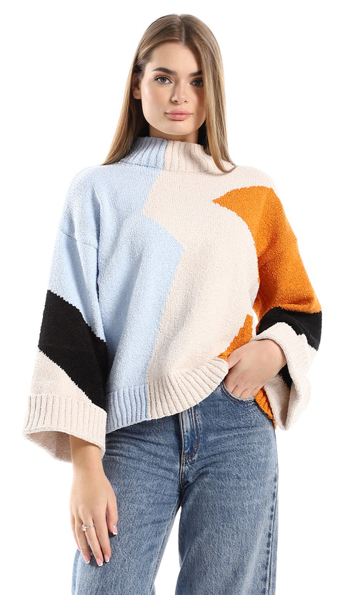 O158046 Black, Sky Blue, Beige & Orange Slip On Self Patterned Pullover