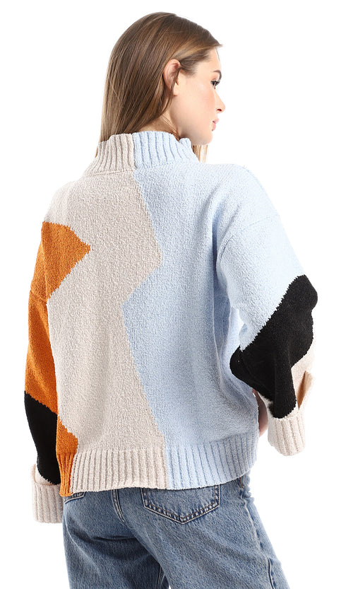 O158046 Black, Sky Blue, Beige & Orange Slip On Self Patterned Pullover