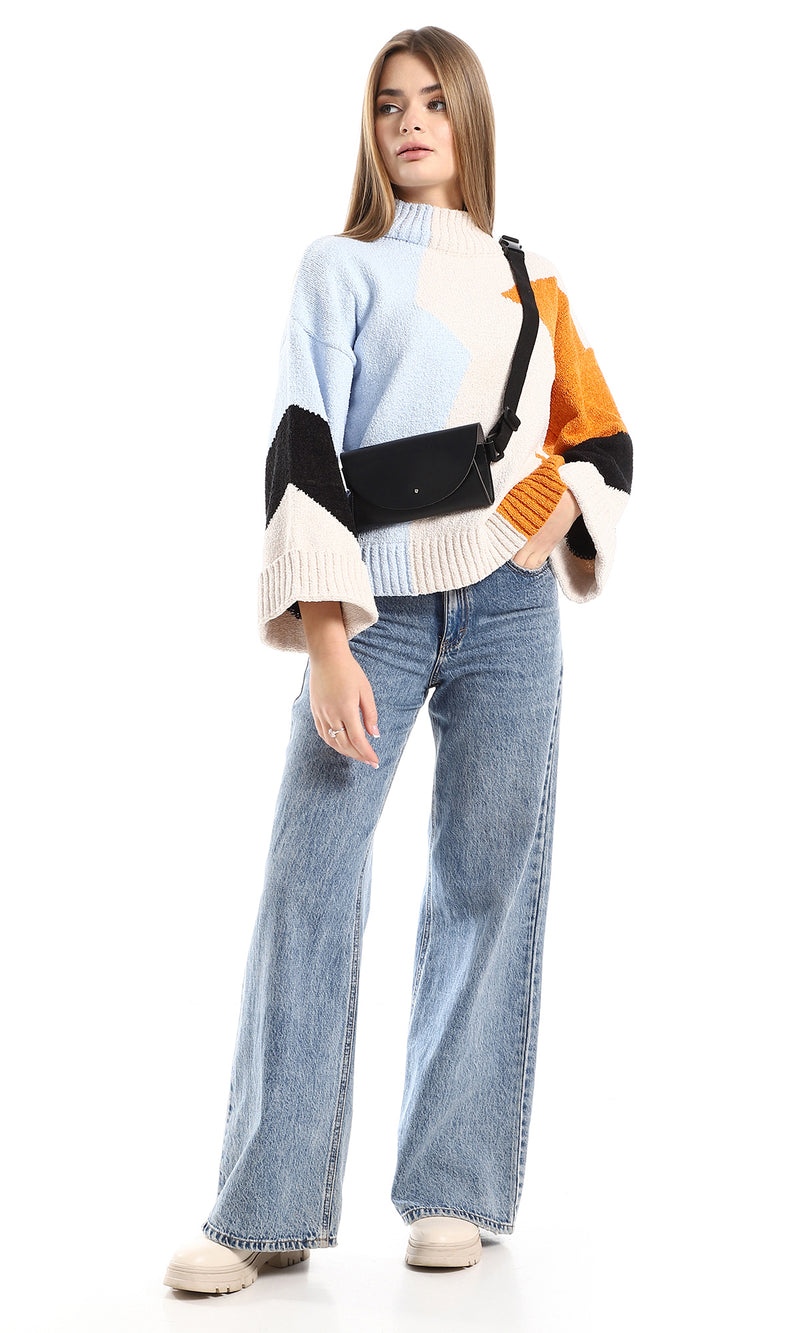 بلوفر منقوش ألوان أسود وسماوي وبرتقالي