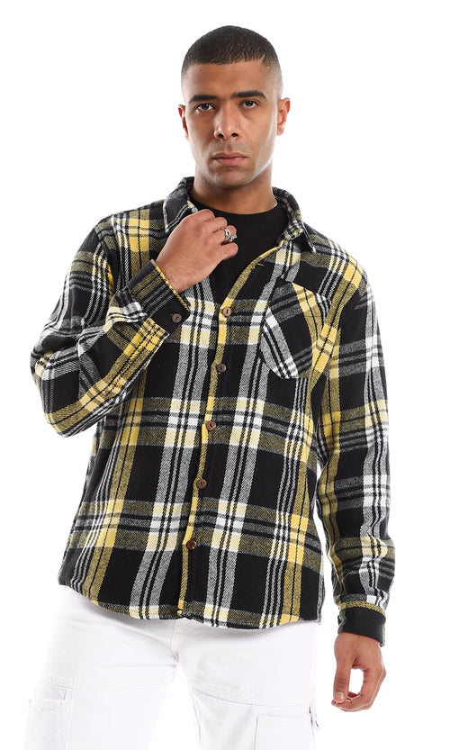 O158062 Tartan Mustard, White & Black Long Sleeves Shirt